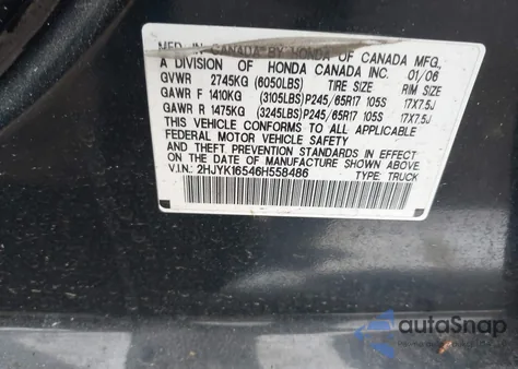 2006 Honda Ridgeline Rtl from USA, damaged, VIN 2HJYK16546H558486